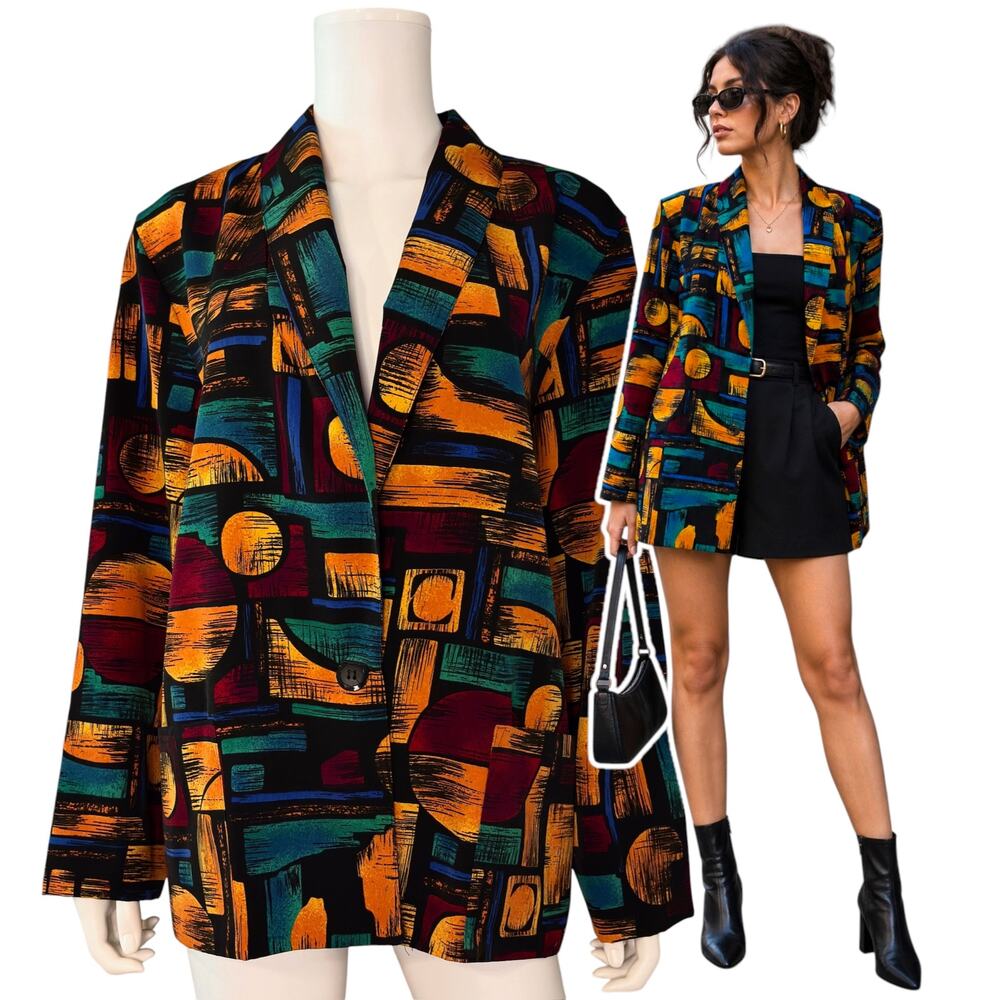 Vtg Kensington Square Geometric Blazer Jacket Size Large Geometric Bold Abstract